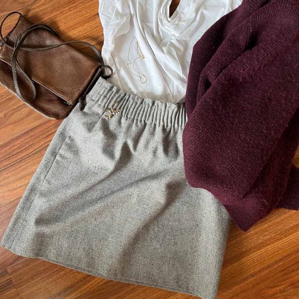 J.Crew Gray Wool Skirt Size 4 Elastic Waist Speckled Tweed Pockets